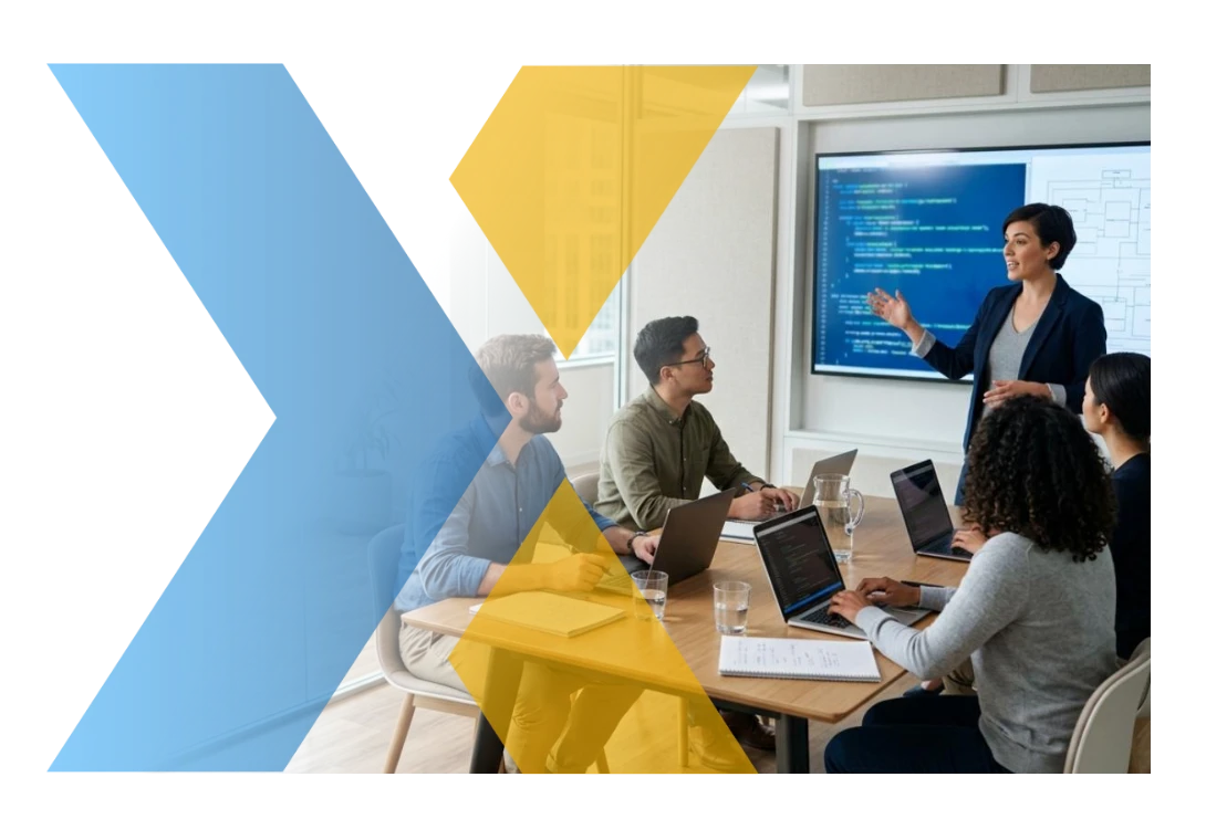 Instructora de Voiex capacita a un grupo de desarrolladores en desarrollo sobre SAP Business One, con código proyectado en pantalla
