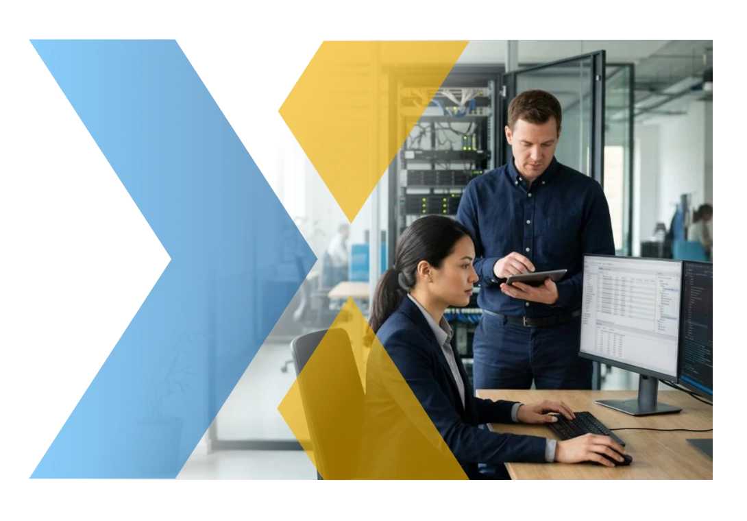 Dos especialistas de Voiex revisan en pantalla una migración de base de datos de SQL Server a SAP HANA, con un rack de servidores al fondo
